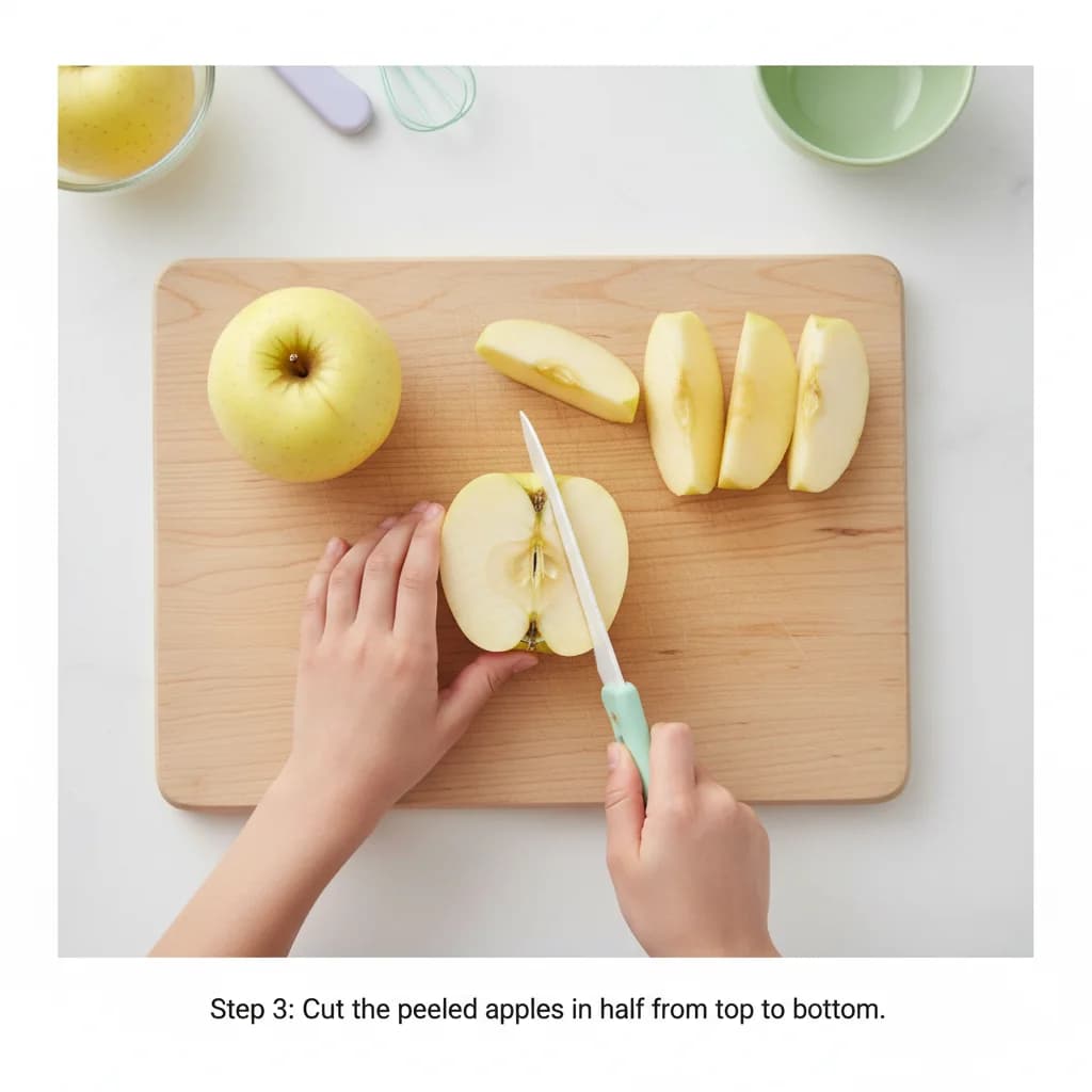 Step 3: Cut the peeled apples in half from top to bottom. for Apple Purée (Stewed Apple)