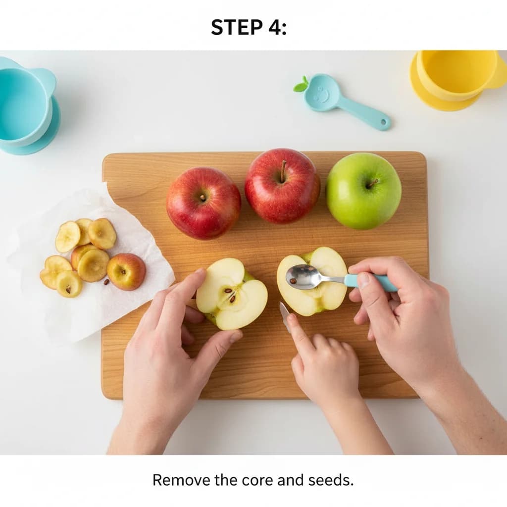 Step 4: Using a small spoon or knife, remove the core and any seeds from each apple half. Discard the core. for Apple Purée (Stewed Apple)