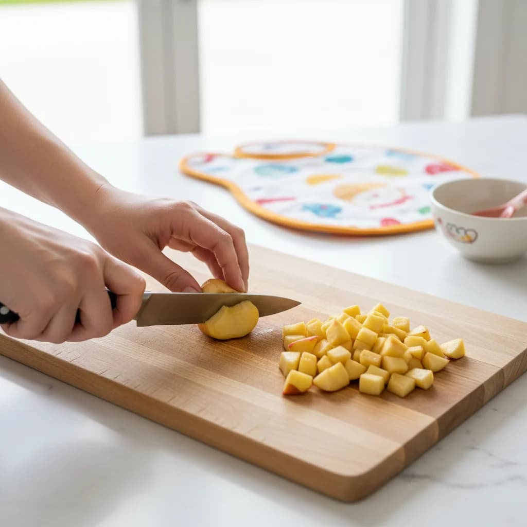 Step 5: Chop the apple halves into small, uniform chunks. Smaller pieces will cook more evenly and quickly. for Apple Purée (Stewed Apple)