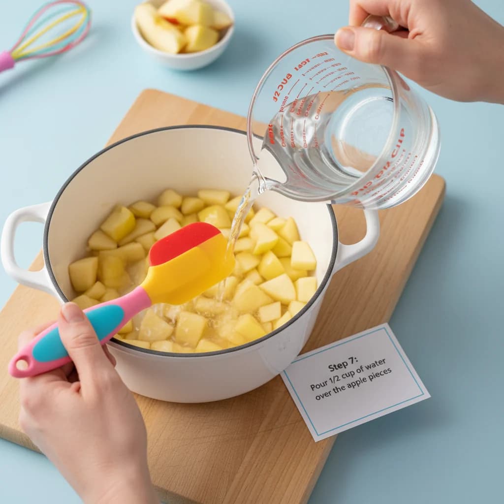 Step 7: Pour 1/2 cup of water over the apple pieces in the saucepan. for Apple Purée (Stewed Apple)