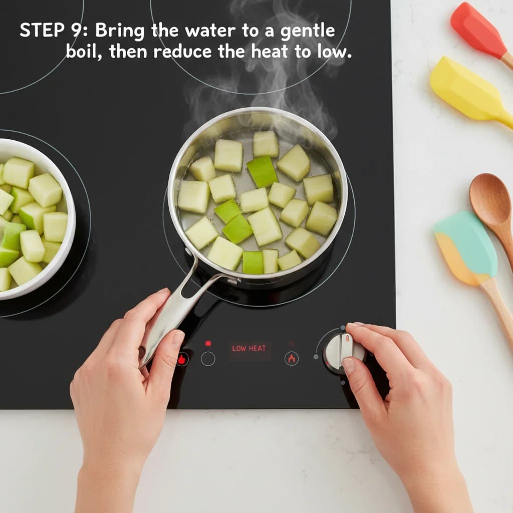 Step 9: Bring the water to a gentle boil, then reduce the heat to low. for Apple Purée (Stewed Apple)