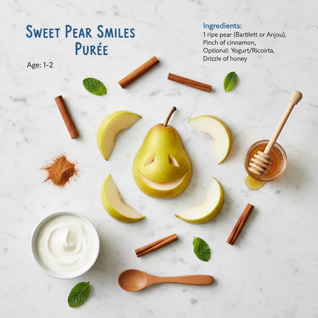 All ingredients needed for Sweet Pear Smiles Purée arranged on a clean surface
