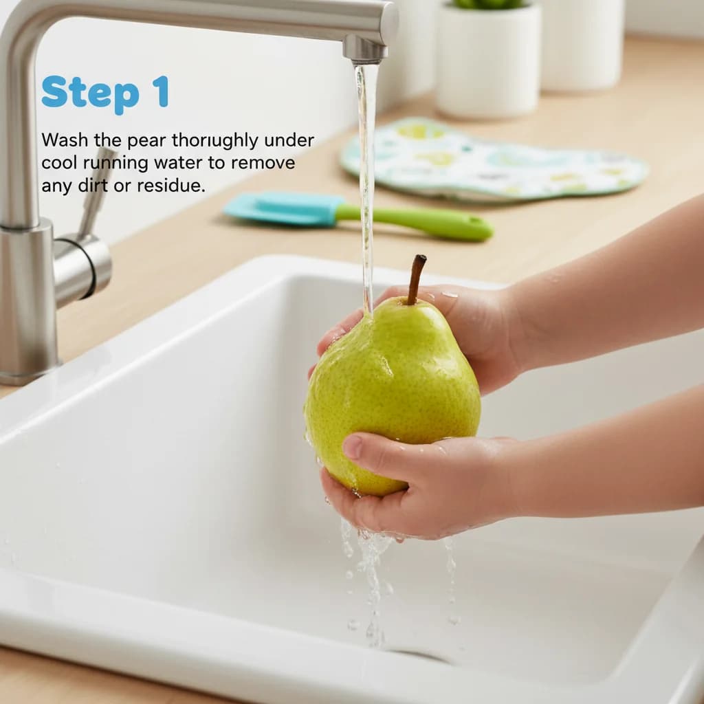 Step 1: Wash the pear thoroughly under cool running water to remove any dirt or residue. for Sweet Pear Smiles Purée