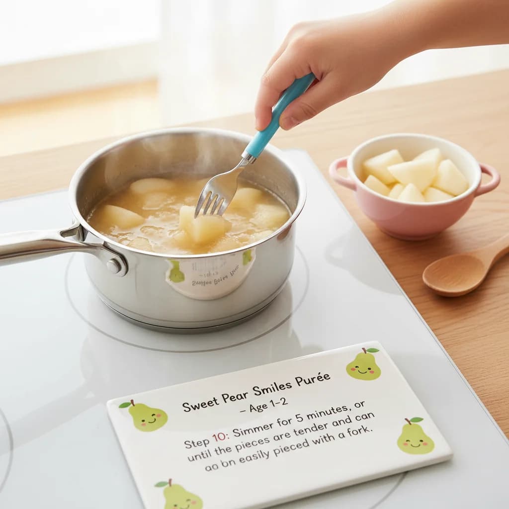 Step 10: Simmer for 5 minutes, or until the pear pieces are tender and can be easily pierced with a fork. for Sweet Pear Smiles Purée