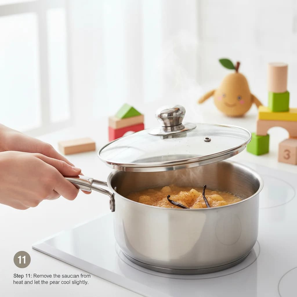 Step 11: Remove the saucepan from the heat and let the pear cool slightly. for Sweet Pear Smiles Purée