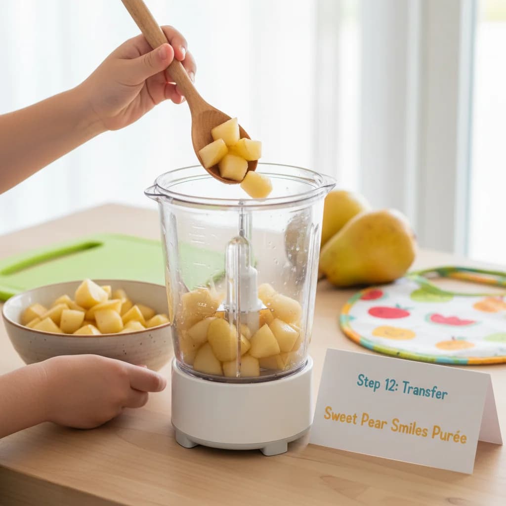 Step 12: Transfer the cooked (or raw, if ripe) pear pieces to a blender or food processor. for Sweet Pear Smiles Purée