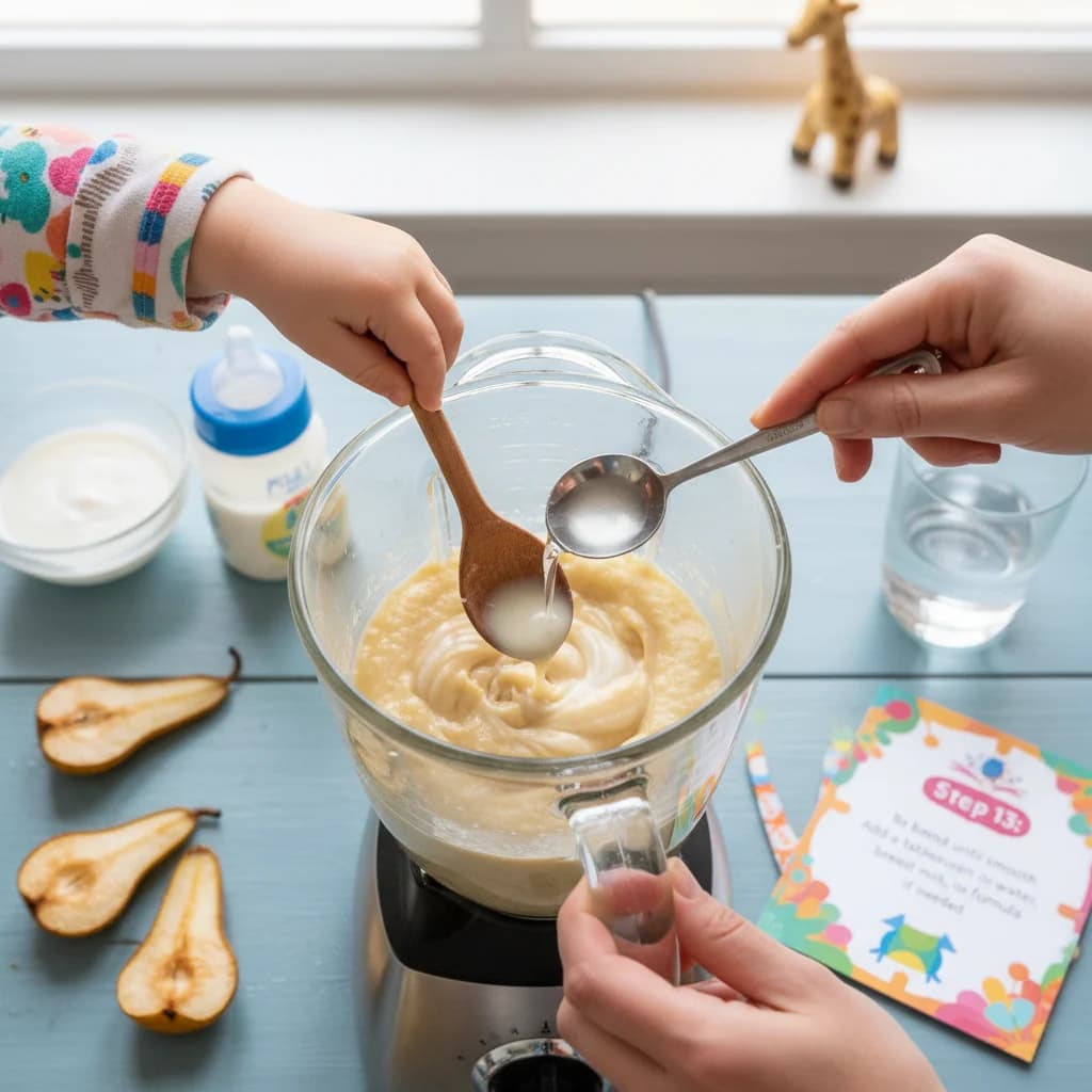 Step 13: Blend until smooth. Add a tablespoon of water, breast milk, or formula if needed to reach the desire for Sweet Pear Smiles Purée