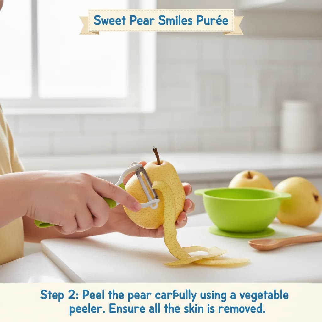 Step 2: Peel the pear carefully using a vegetable peeler. Ensure all the skin is removed. for Sweet Pear Smiles Purée