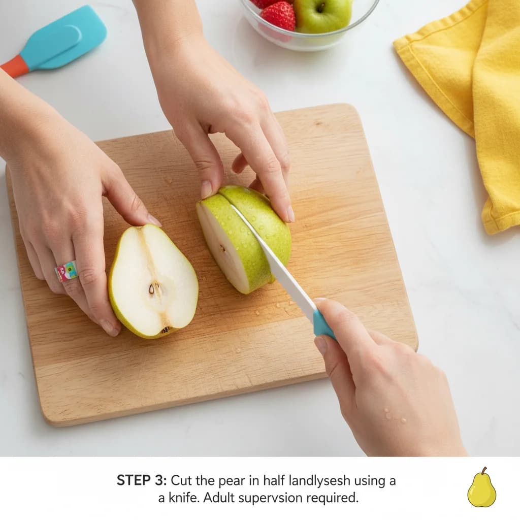 Step 3: Cut the pear in half lengthwise using a knife. Adult supervision required. for Sweet Pear Smiles Purée