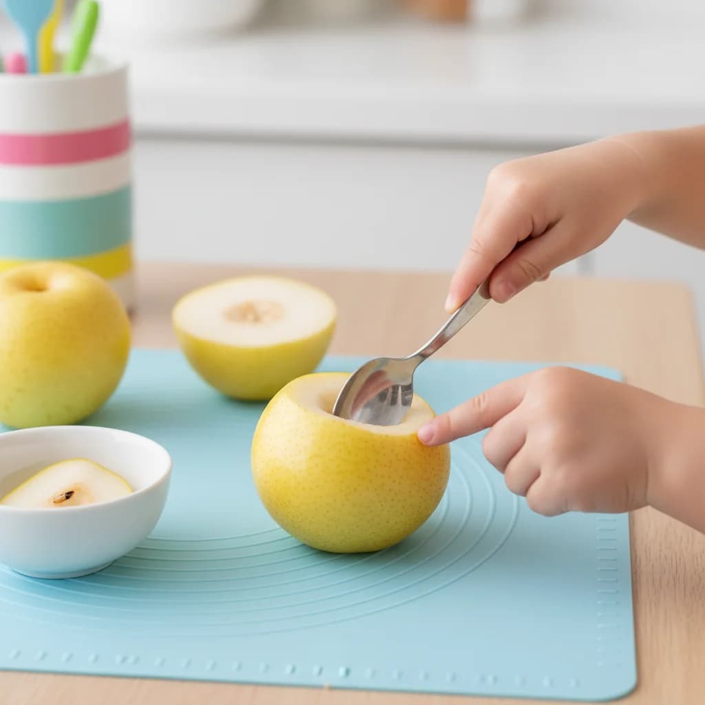 Step 4: Remove the core from each half using a spoon or knife. Discard the core. for Sweet Pear Smiles Purée