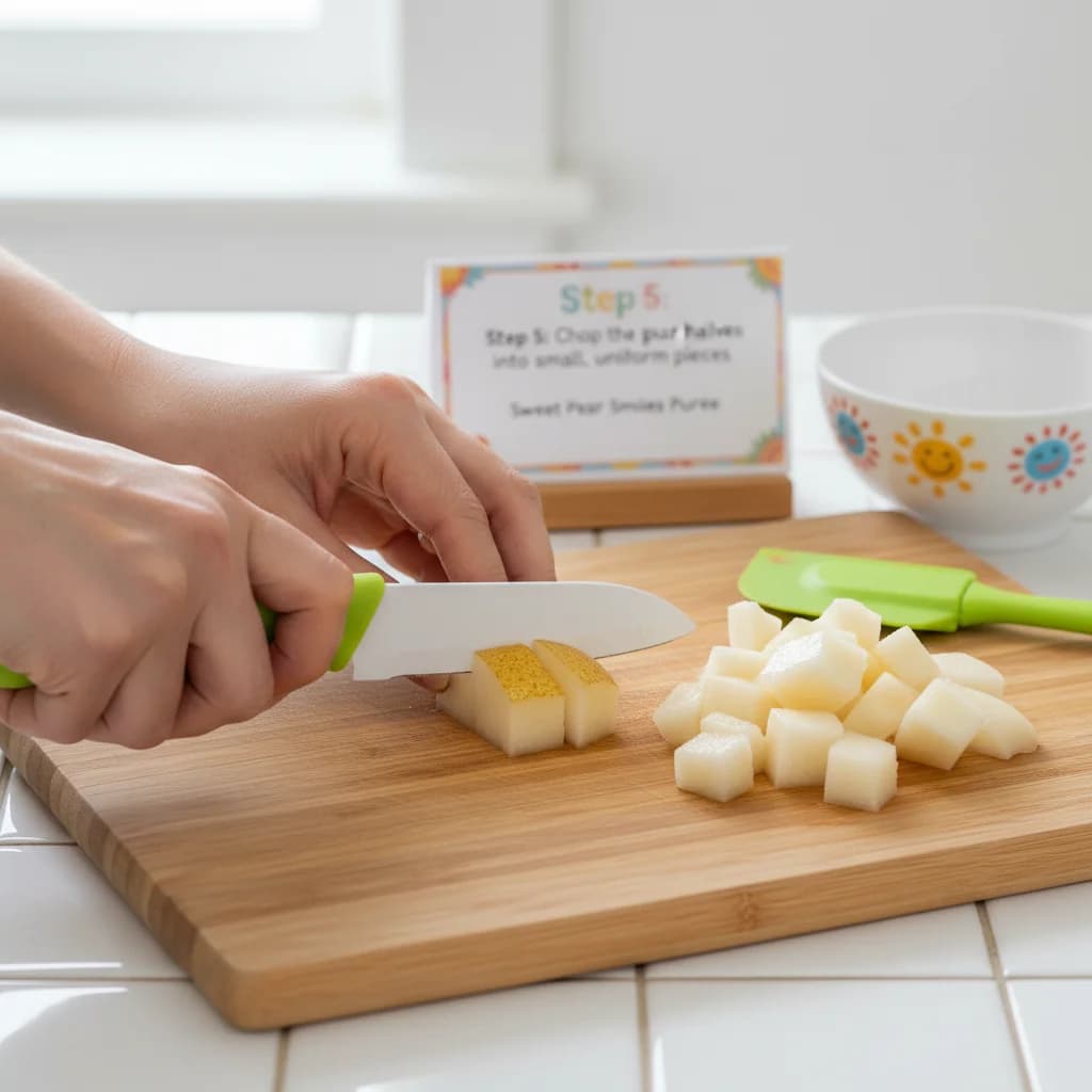 Step 5: Chop the pear halves into small, uniform pieces. This helps with even cooking and blending. Adult su for Sweet Pear Smiles Purée