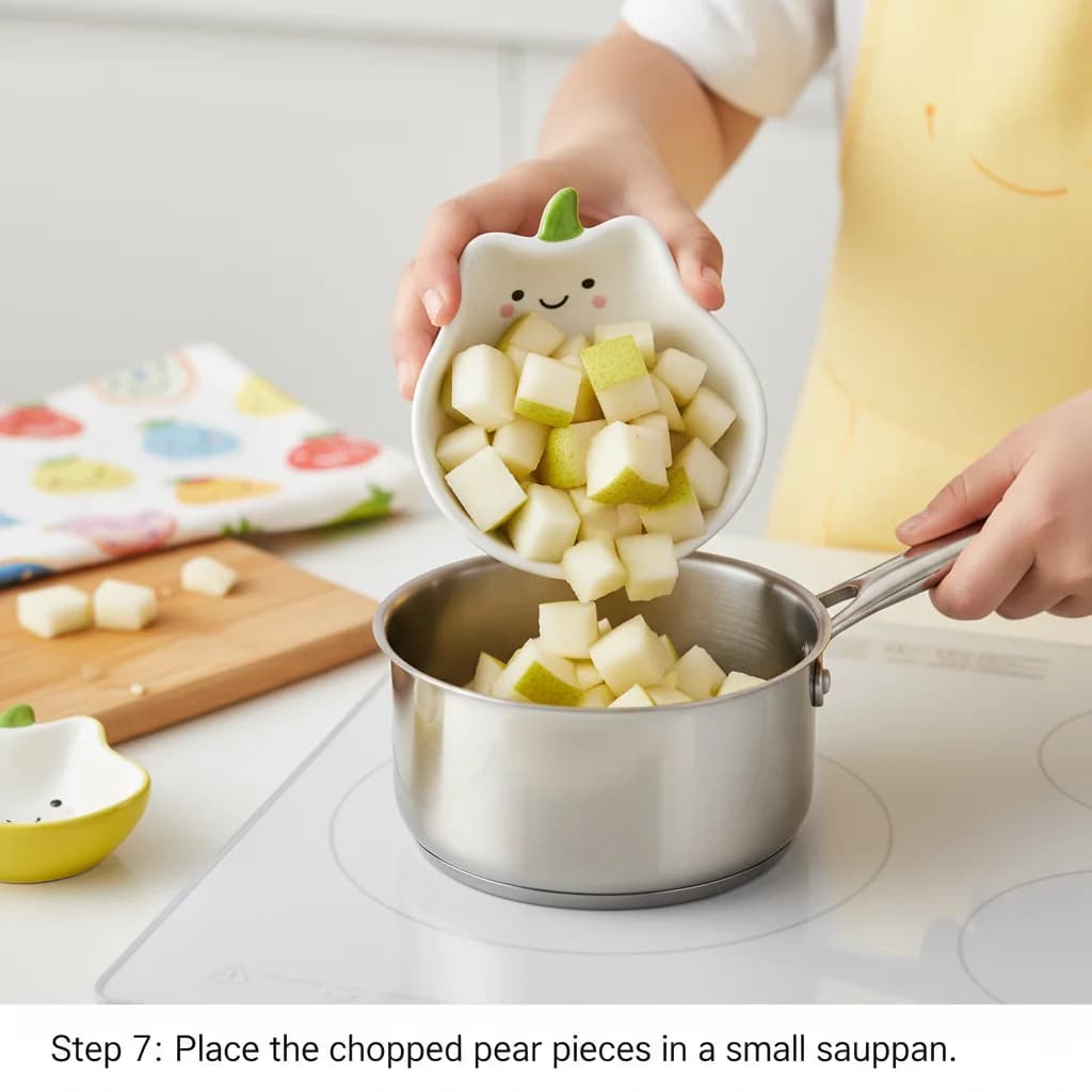 Step 7: Place the chopped pear pieces in a small saucepan. for Sweet Pear Smiles Purée