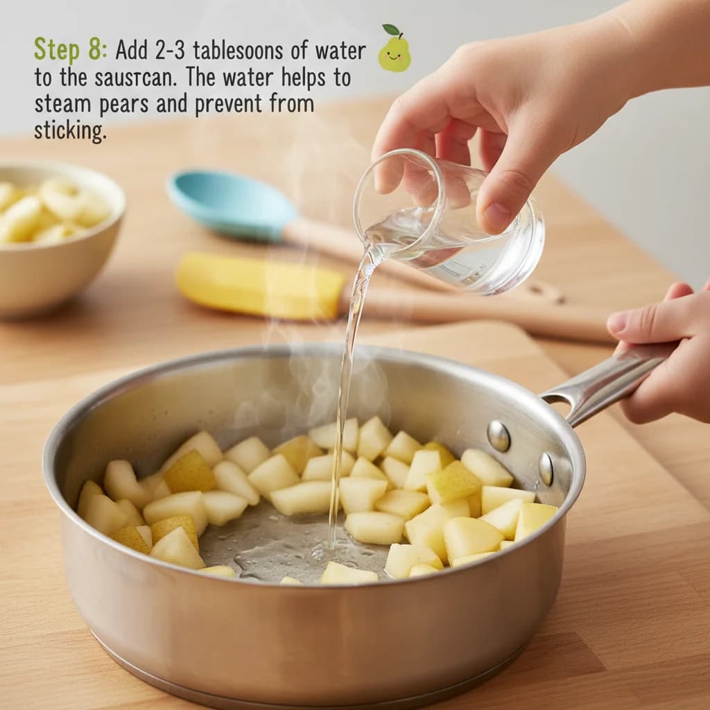 Step 8: Add 2-3 tablespoons of water to the saucepan. The water helps to steam the pears and prevent them fr for Sweet Pear Smiles Purée