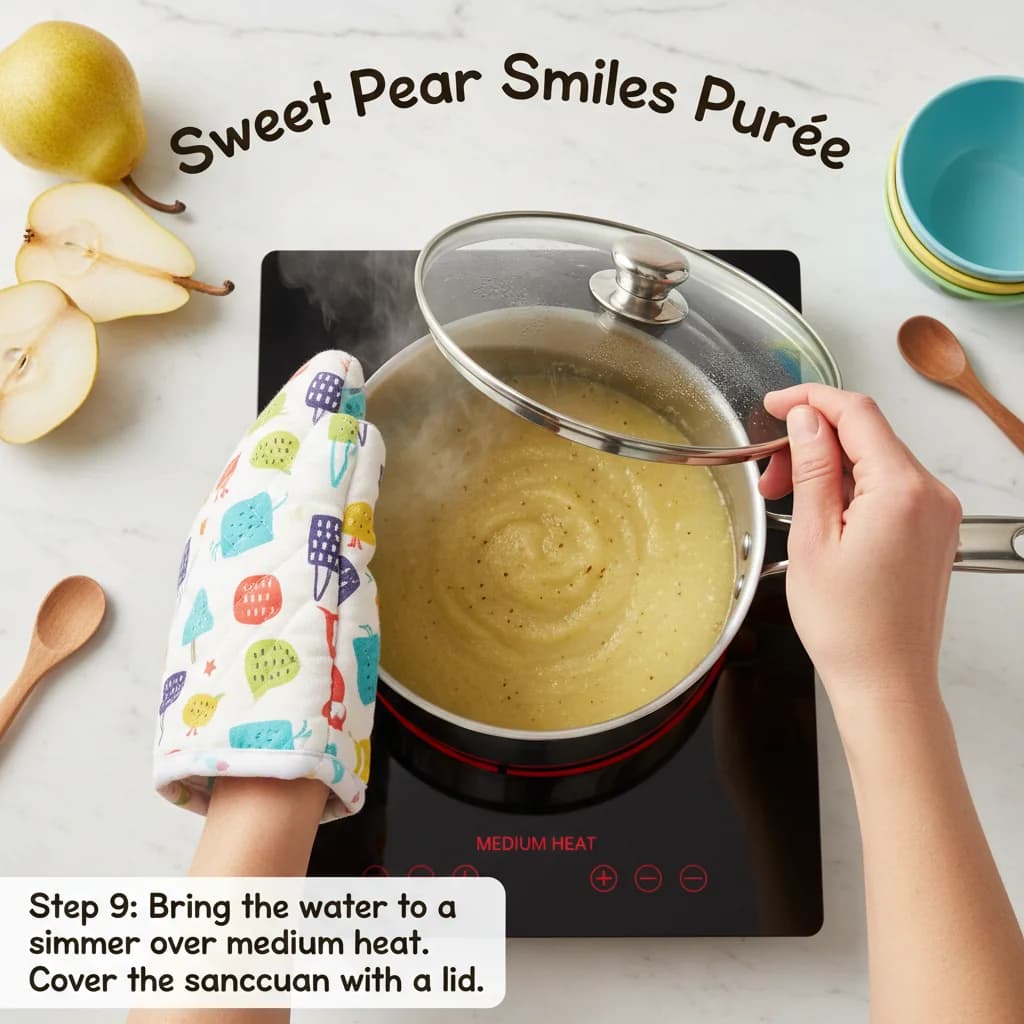 Step 9: Bring the water to a simmer over medium heat. Cover the saucepan with a lid. for Sweet Pear Smiles Purée