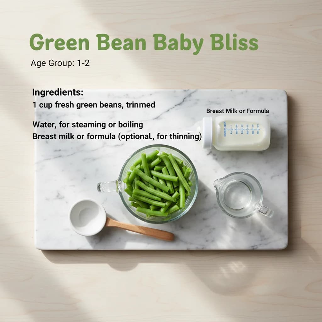 All ingredients needed for Green Bean Baby Bliss arranged on a clean surface
