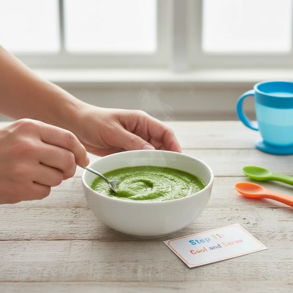 Step 11: **Step 11: Cool and Serve:** Allow the green bean purée to cool slightly before serving to your baby for Green Bean Baby Bliss