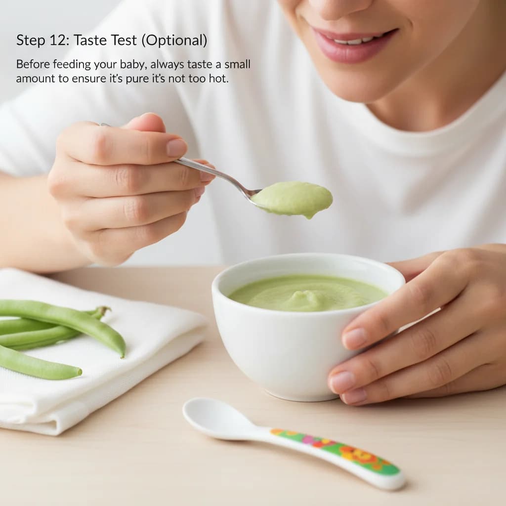 Step 12: **Step 12: Taste Test (Optional):** Before feeding your baby, always taste a small amount of the pur for Green Bean Baby Bliss
