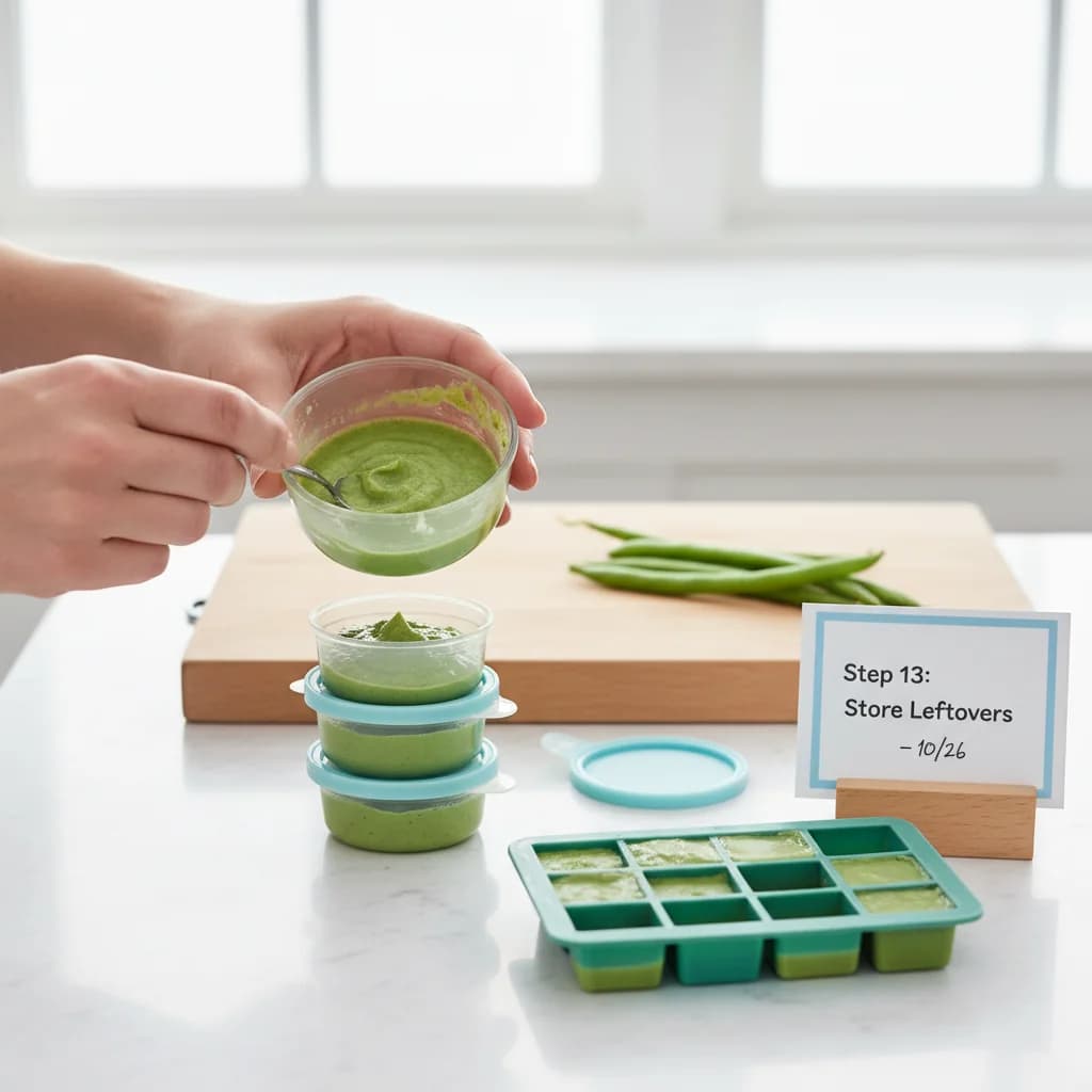 Step 13: **Step 13: Store Leftovers:** Store any leftover green bean purée in an airtight container in the re for Green Bean Baby Bliss