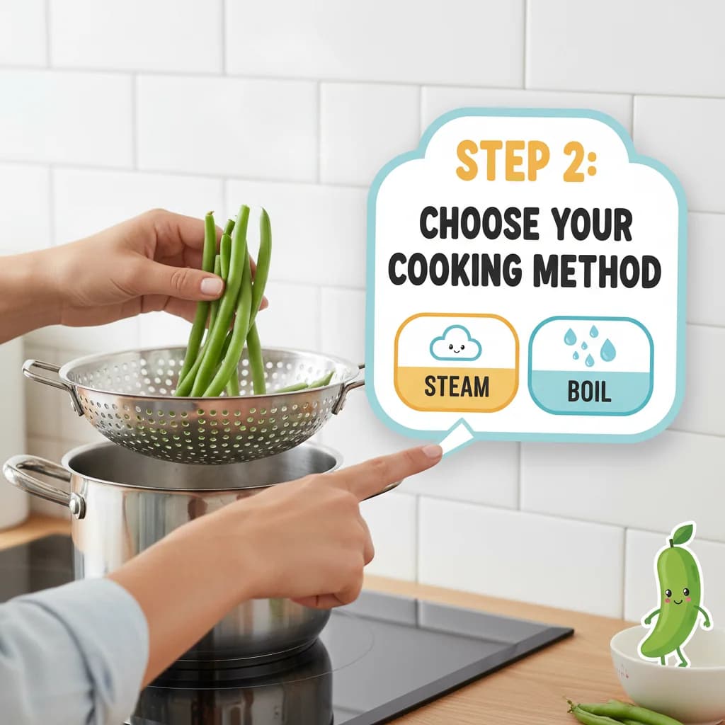 Step 2: **Step 2: Choose Your Cooking Method:** You can either steam or boil the green beans. Steaming retai for Green Bean Baby Bliss
