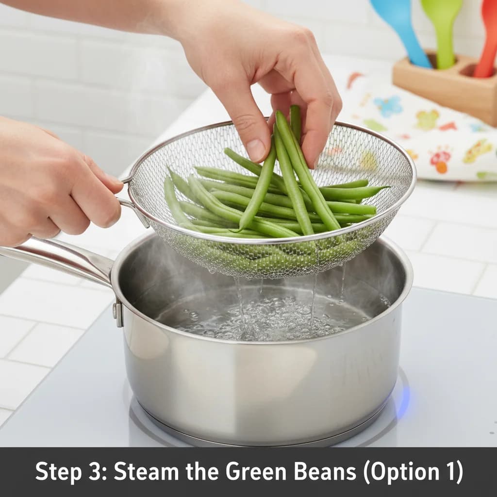 Step 3: **Step 3: Steam the Green Beans (Option 1):** Fill a saucepan with about an inch of water and bring for Green Bean Baby Bliss