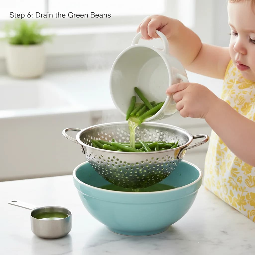 Step 6: **Step 6: Drain the Green Beans:** Once the green beans are cooked, carefully drain them in a coland for Green Bean Baby Bliss