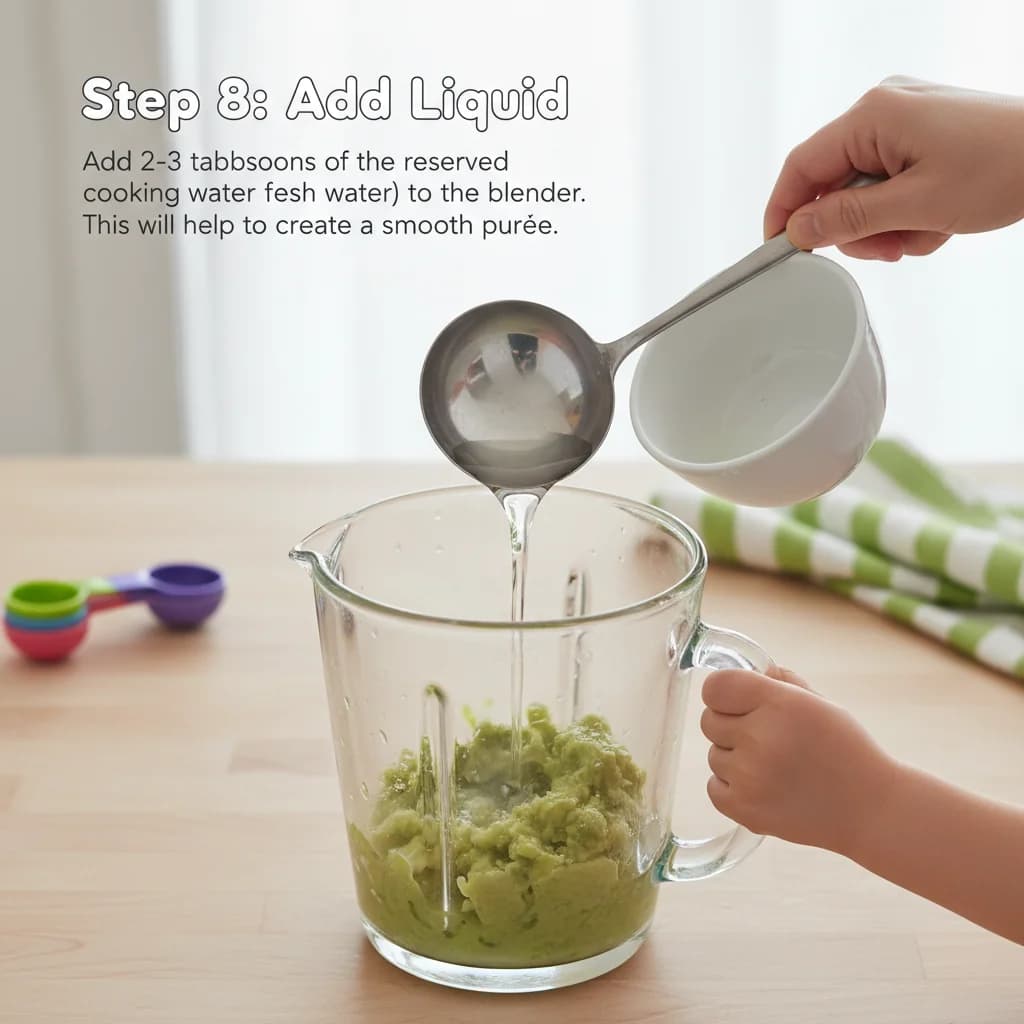 Step 8: **Step 8: Add Liquid:** Add 2-3 tablespoons of the reserved cooking water (or fresh water) to the bl for Green Bean Baby Bliss