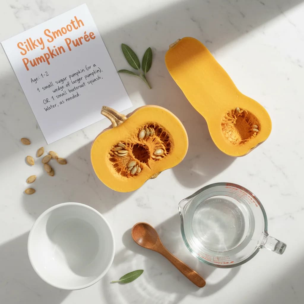 All ingredients needed for Silky Smooth Pumpkin Purée arranged on a clean surface