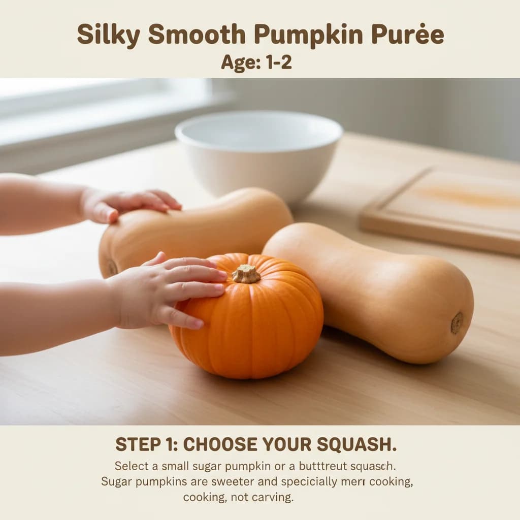 Step 1: **Step 1: Choose your squash.** Select a small sugar pumpkin or a butternut squash. Sugar pumpkins a for Silky Smooth Pumpkin Purée