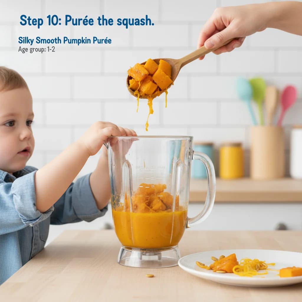 Step 10: **Step 10: Purée the squash.** Place the cooked squash flesh into a blender or food processor. for Silky Smooth Pumpkin Purée