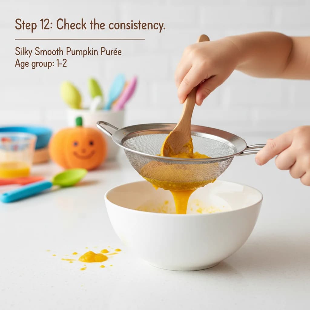Step 12: **Step 12: Check the consistency.** The purée should be very smooth and have no lumps. If needed, st for Silky Smooth Pumpkin Purée