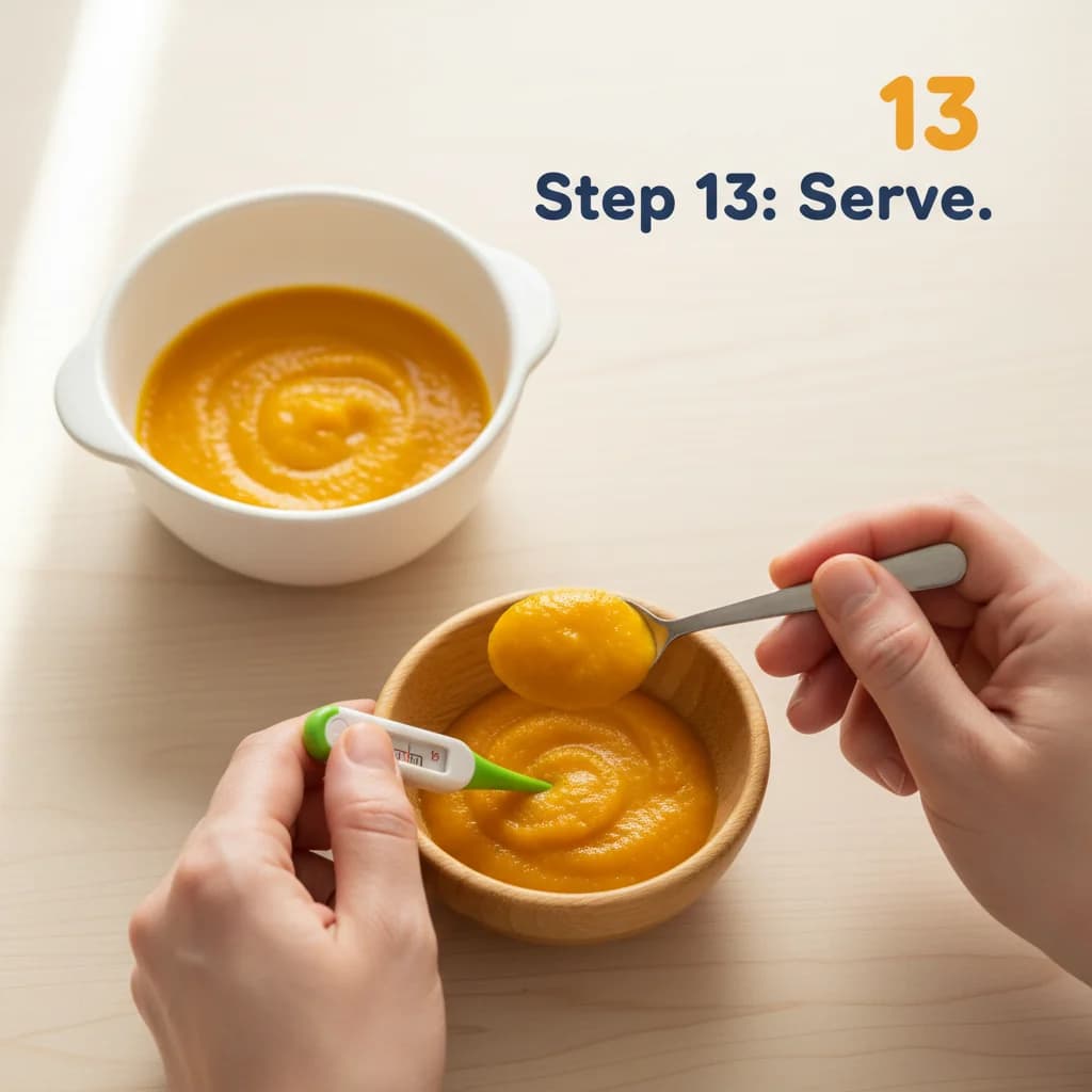 Step 13: **Step 13: Serve.** Serve a small portion to baby once cooled to room temperature. Always test the t for Silky Smooth Pumpkin Purée