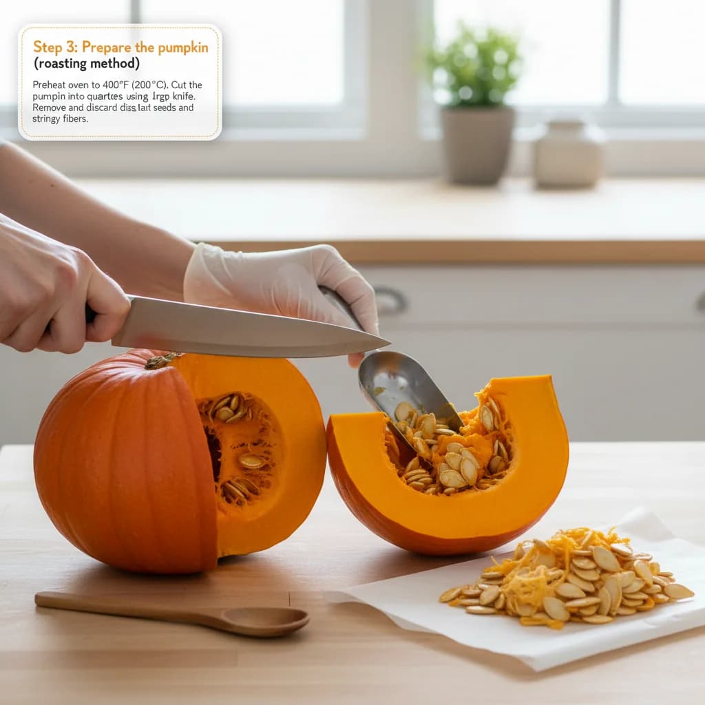 Step 3: **Step 3: Prepare the pumpkin (roasting method).** Preheat oven to 400°F (200°C). Cut the pumpkin in for Silky Smooth Pumpkin Purée