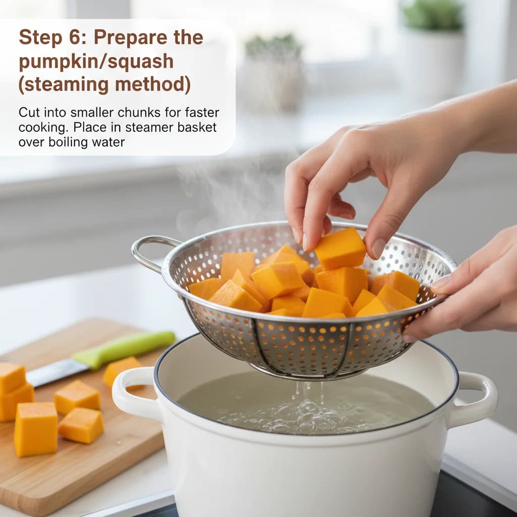 Step 6: **Step 6: Prepare the pumpkin/squash (steaming method).** Cut into smaller chunks for faster cooking for Silky Smooth Pumpkin Purée