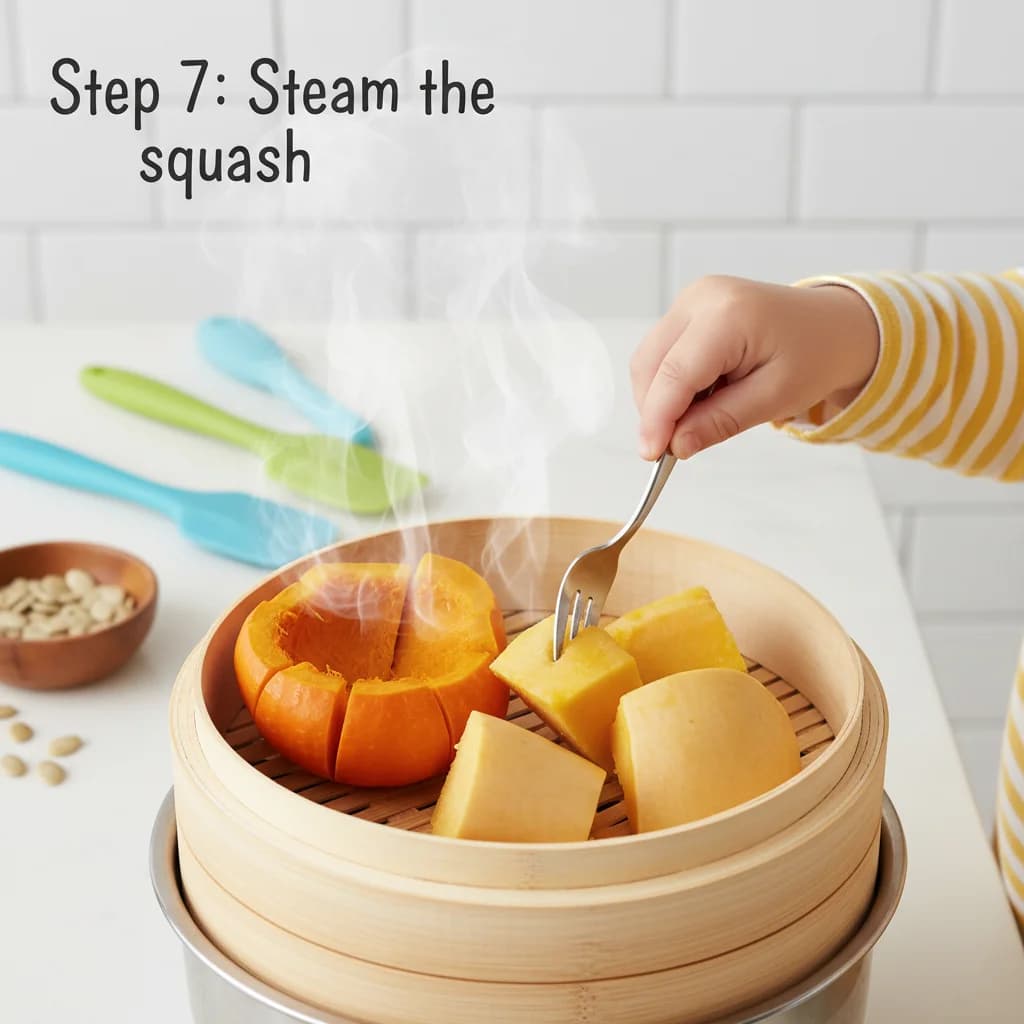 Step 7: **Step 7: Steam the squash.** Steam the pumpkin quarters or butternut squash chunks for 15-20 minute for Silky Smooth Pumpkin Purée