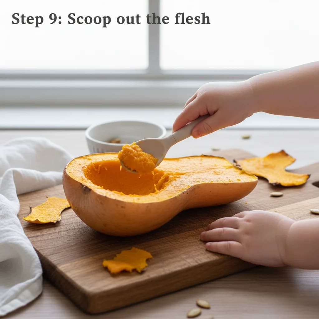 Step 9: **Step 9: Scoop out the flesh.** Once cooled, scoop the flesh of the pumpkin or butternut squash awa for Silky Smooth Pumpkin Purée