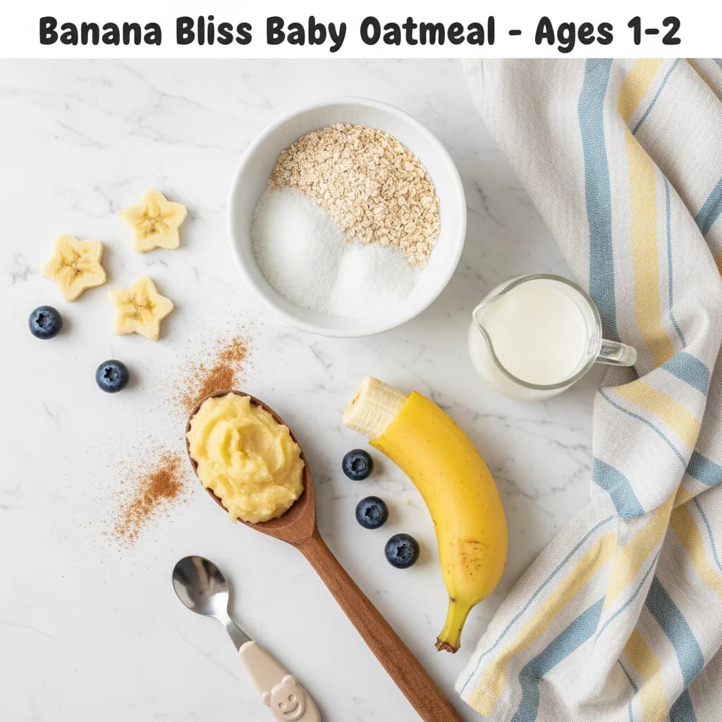 All ingredients needed for Banana Bliss Baby Oatmeal arranged on a clean surface