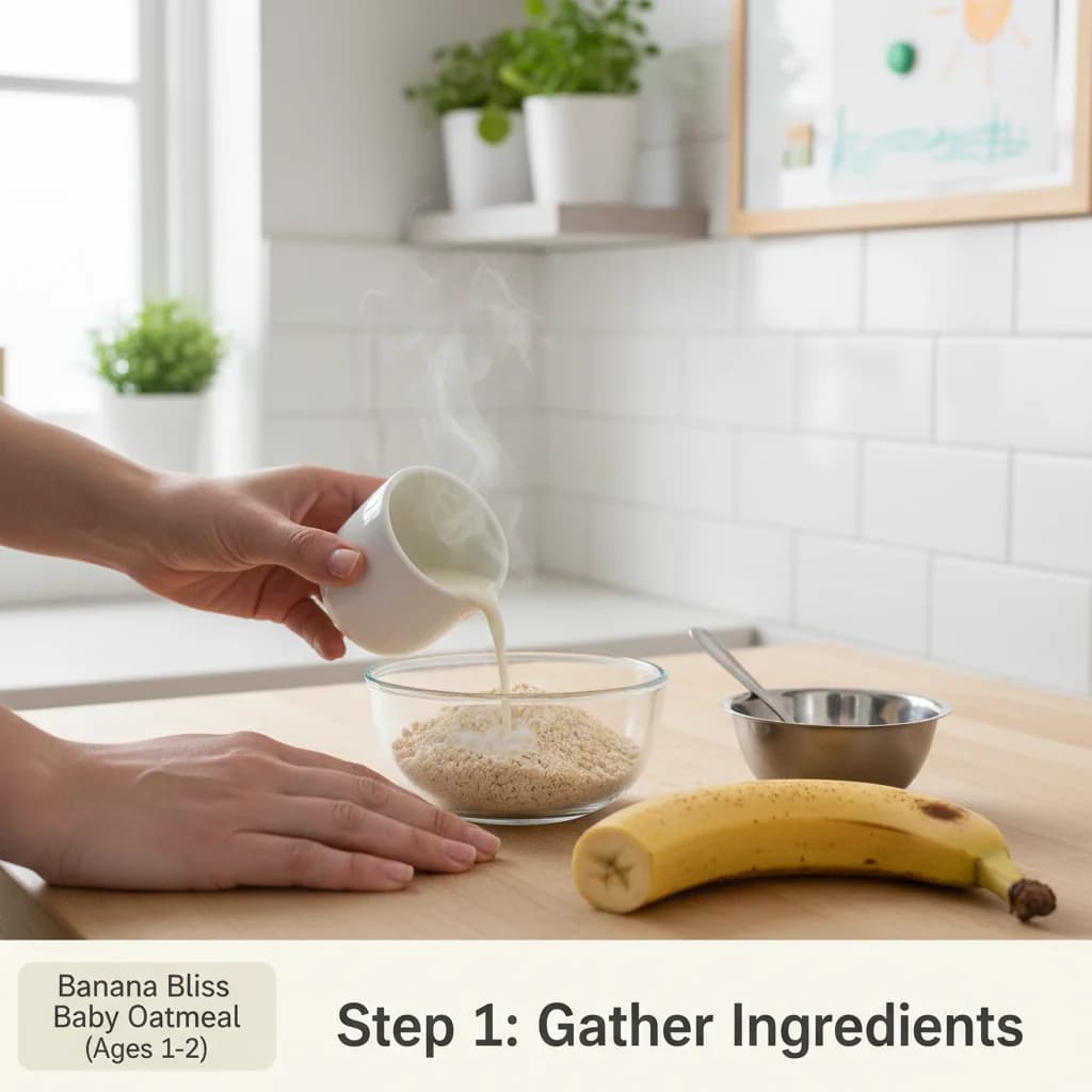 Step 1: Gather your ingredients: Measure out the baby oatmeal cereal, warm the breast milk or formula, and h for Banana Bliss Baby Oatmeal