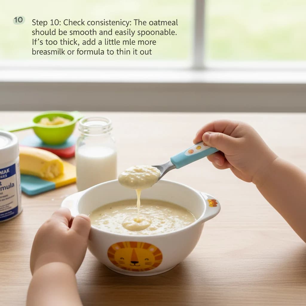 Step 10: Check consistency: The oatmeal should be smooth and easily spoonable. If it's too thick, add a littl for Banana Bliss Baby Oatmeal
