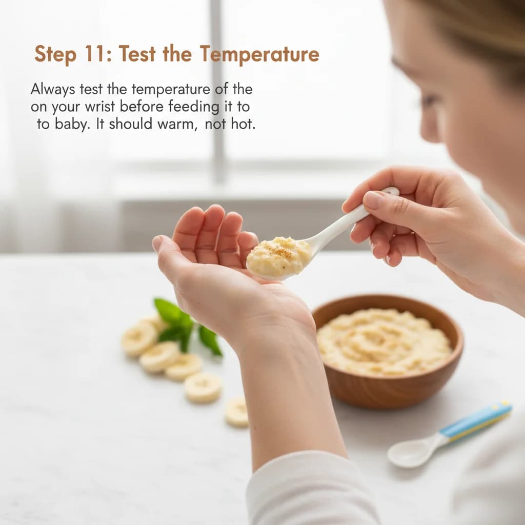 Step 11: Test the temperature: Always test the temperature of the oatmeal on your wrist before feeding it to for Banana Bliss Baby Oatmeal