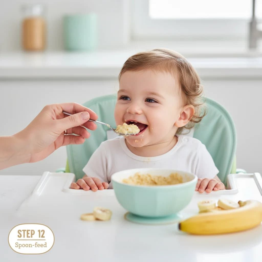Step 12: Spoon-feed: Using a small spoon, carefully feed the oatmeal to your baby. Start with small bites and for Banana Bliss Baby Oatmeal