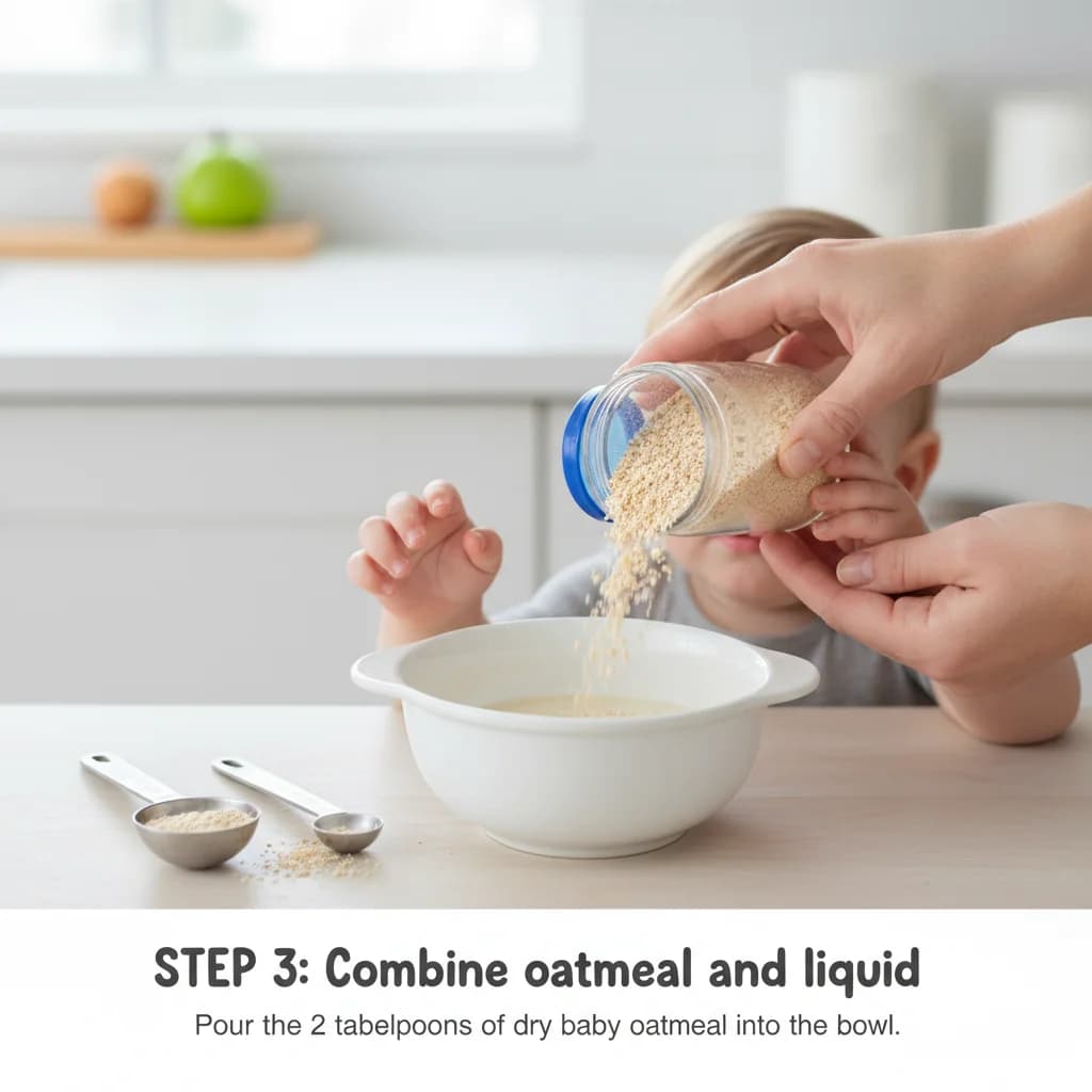 Step 3: Combine oatmeal and liquid: Pour the 2 tablespoons of dry baby oatmeal into the bowl. for Banana Bliss Baby Oatmeal