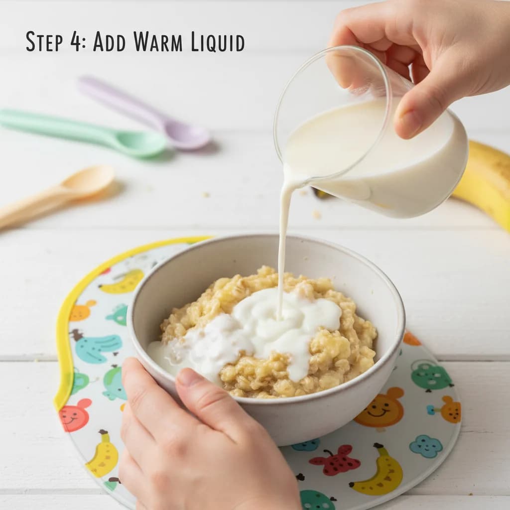 Step 4: Add warm liquid: Slowly pour the warm breast milk or formula over the oatmeal. Start with 1/4 cup an for Banana Bliss Baby Oatmeal
