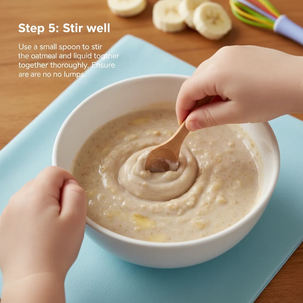 Step 5: Stir well: Use a small spoon to stir the oatmeal and liquid together thoroughly. Ensure there are no for Banana Bliss Baby Oatmeal