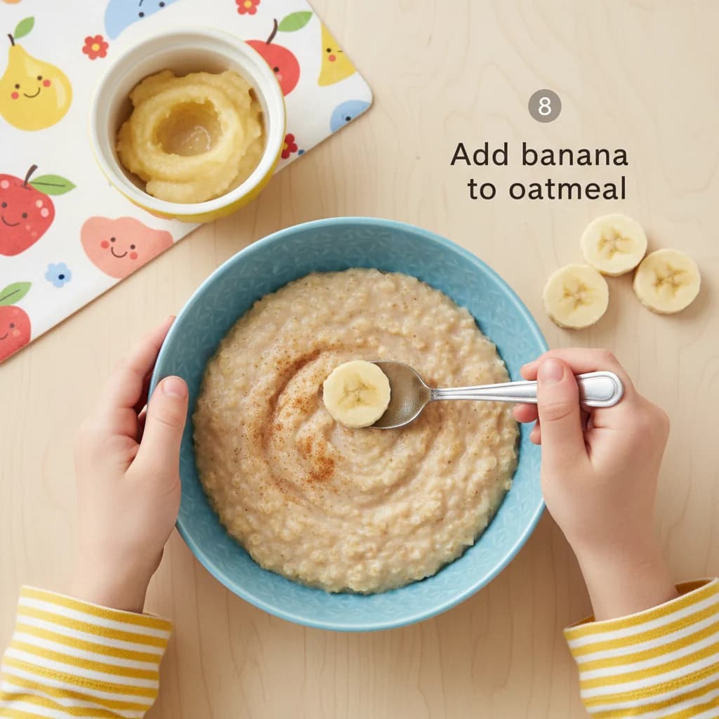 Step 8: Add banana to oatmeal: Spoon the mashed banana into the oatmeal mixture. for Banana Bliss Baby Oatmeal