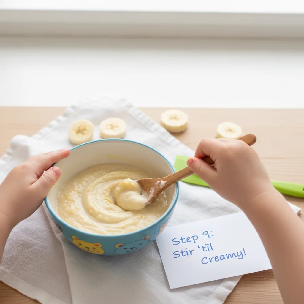 Step 9: Combine thoroughly: Gently stir the banana into the oatmeal until it is evenly distributed. The oatm for Banana Bliss Baby Oatmeal
