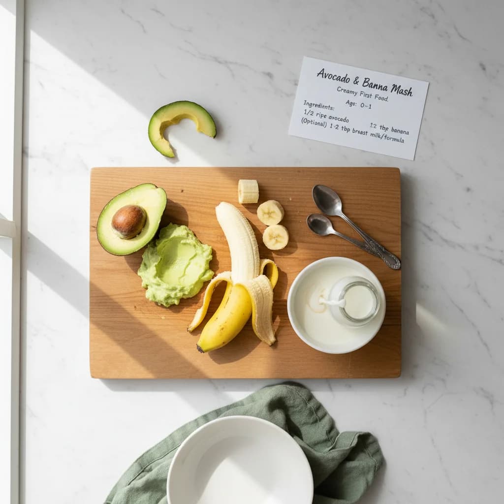 All ingredients needed for Avocado & Banana Mash: Creamy First Food arranged on a clean surface