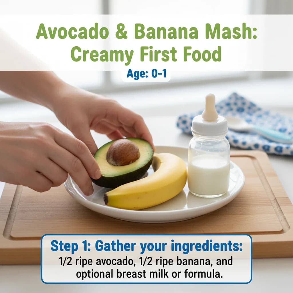 Step 1: Gather your ingredients: 1/2 ripe avocado, 1/2 ripe banana, and optional breast milk or formula. for Avocado & Banana Mash: Creamy First Food
