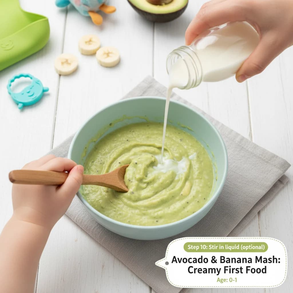 Step 10: Stir in liquid (optional): Stir the liquid into the mash until you reach the desired consistency. for Avocado & Banana Mash: Creamy First Food
