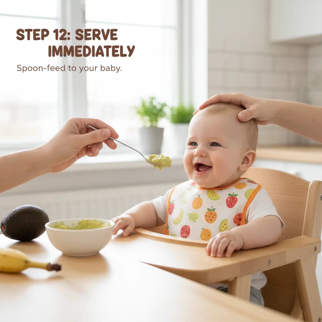 Step 12: Serve immediately: Spoon-feed the mash to your baby immediately after preparation. for Avocado & Banana Mash: Creamy First Food