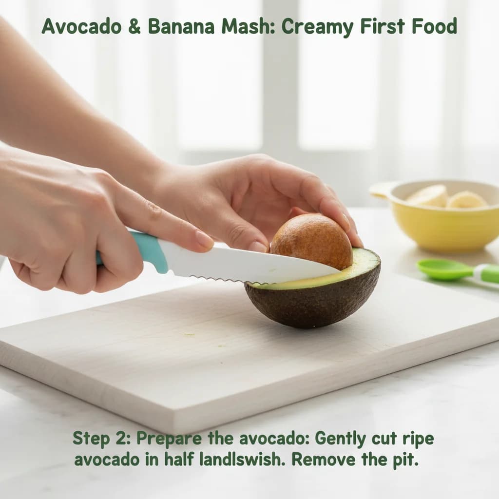 Step 2: Prepare the avocado: Gently cut the ripe avocado in half lengthwise. Remove the pit. for Avocado & Banana Mash: Creamy First Food